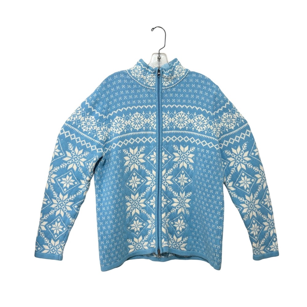 LL Bean Womens XL Blue White Fair Isle Snowflake Cotton Full Zip Sweater 0JTD7